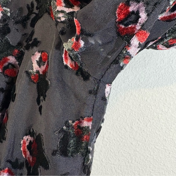 WAYF Black Floral V-Neck Mini Dress Size M Burnout Velvet Sheer Long Sleeve - Picture 9 of 12